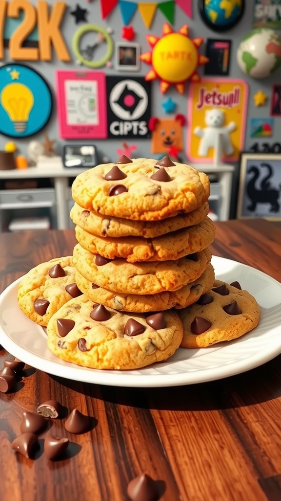 Y2K Chocolate Chip Cookies A plate of Y2K chocolate chip cookies with melting chocolate chips, set on a retro-themed table.